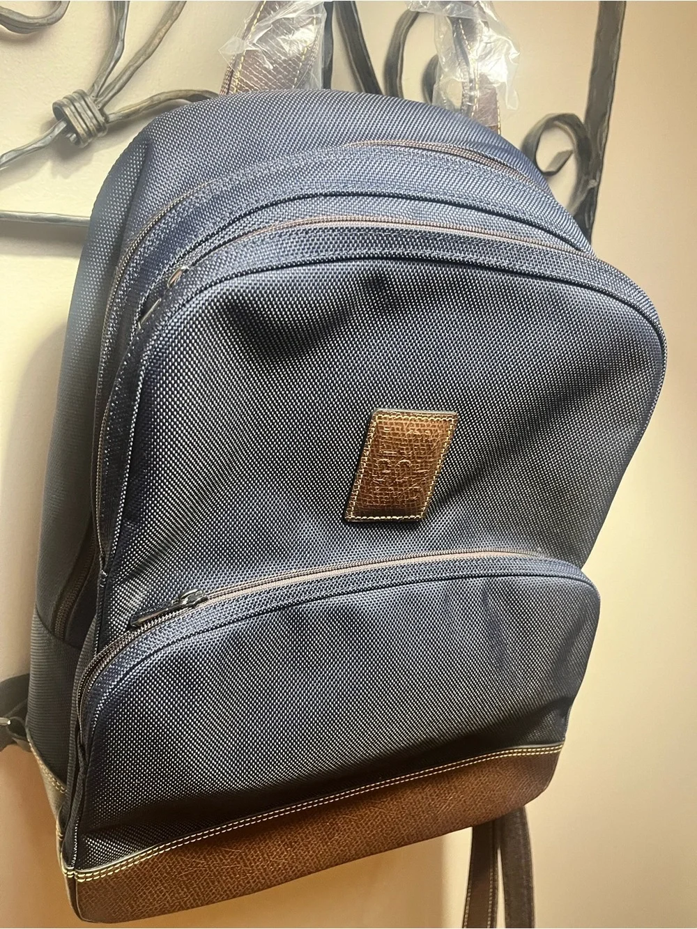Longchamp Men's Navy Blue Backpack with Brown Trim